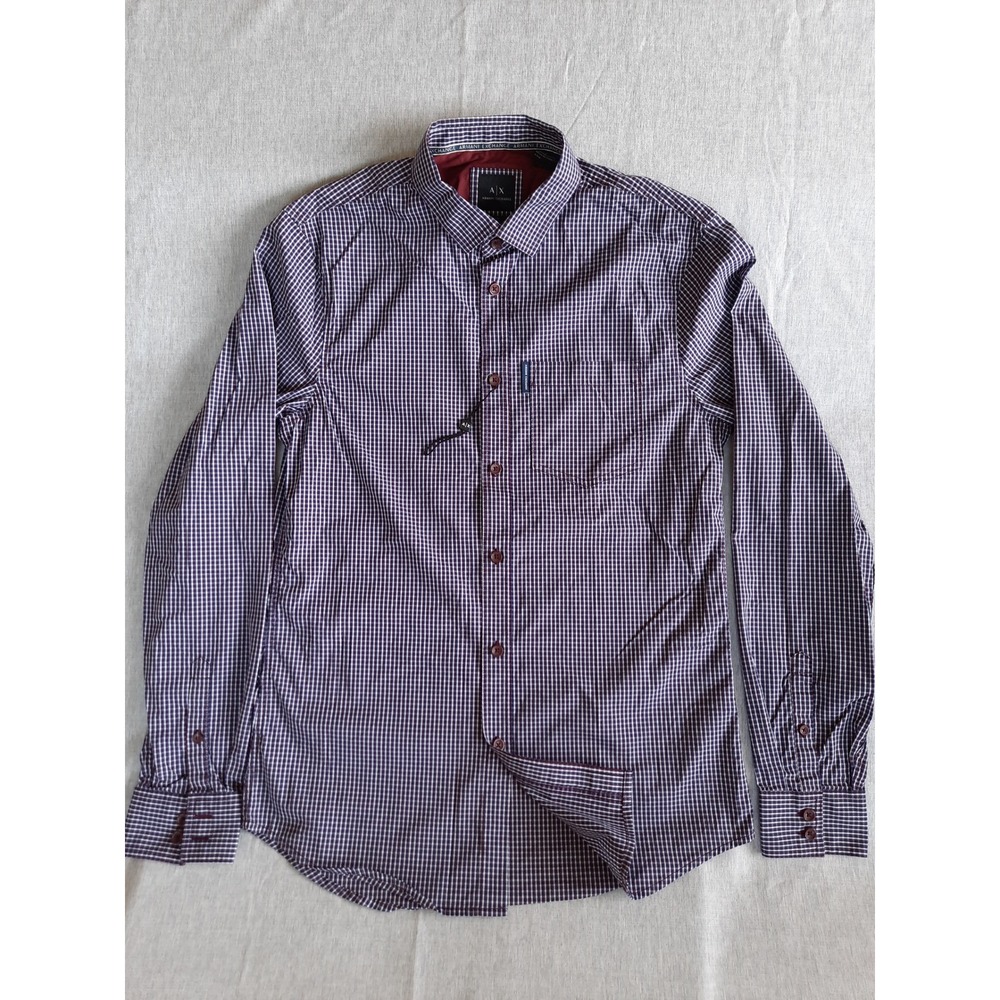 A|X Armani Exchange Men Small Slim Fit Plaid Button Shirt Long Sleeve Maroon Red